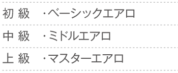 初 級　・ベーシックエアロ
中 級　・ミドルエアロ
上 級　・マスターエアロ